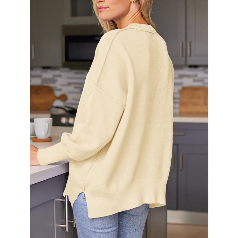 Slit Round Neck Dropped Shoulder Sweater Pastel Yellow / S Apparel and Accessories