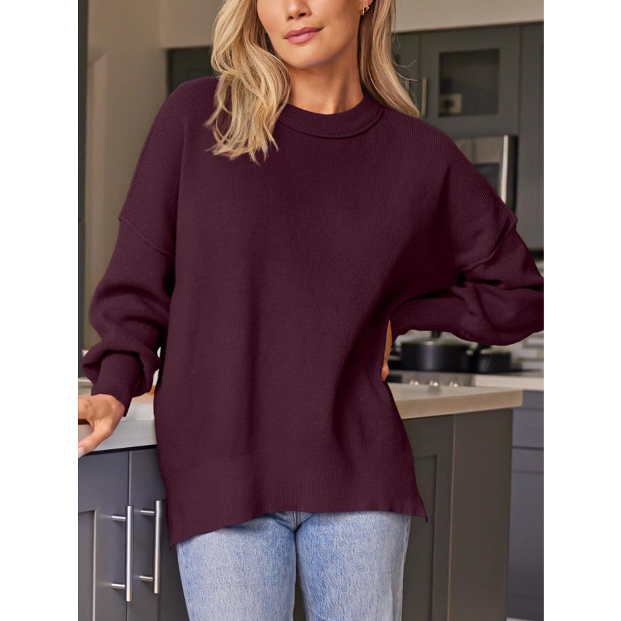 Slit Round Neck Dropped Shoulder Sweater Plum / S Apparel and Accessories