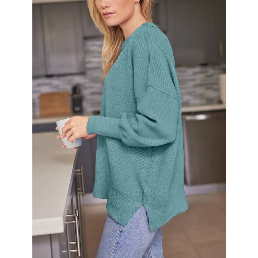 Slit Round Neck Dropped Shoulder Sweater Teal / S Apparel and Accessories