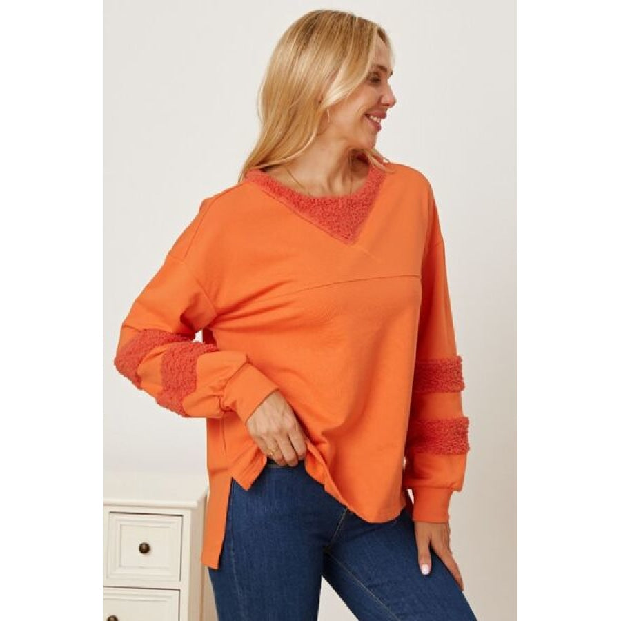 Slit Round Neck Dropped Shoulder Sweatshirt Pumpkin / S Apparel and Accessories