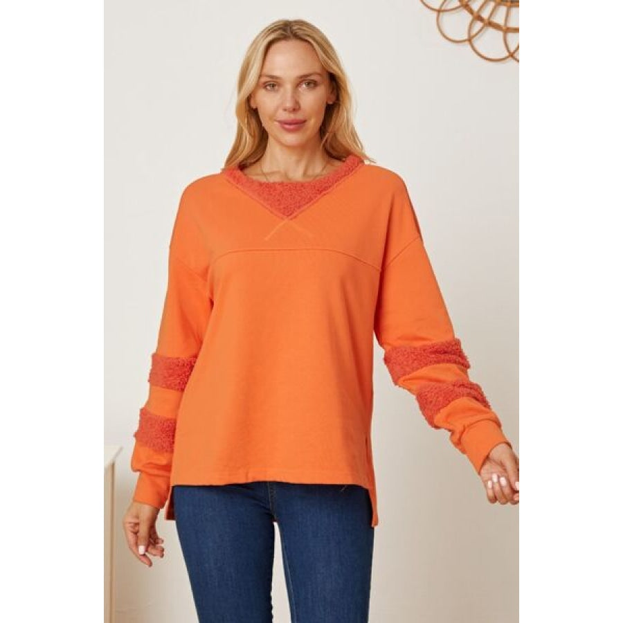 Slit Round Neck Dropped Shoulder Sweatshirt Pumpkin / S Apparel and Accessories