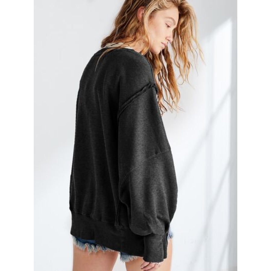 Slit Round Neck Dropped Shoulder T - Shirt Apparel and Accessories