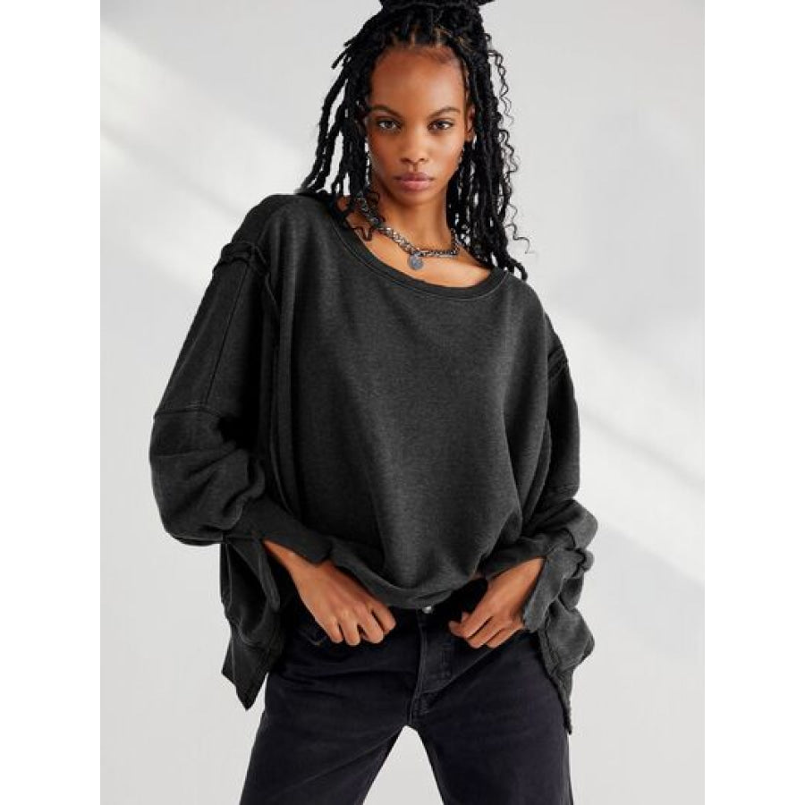 Slit Round Neck Dropped Shoulder T - Shirt Black / S Apparel and Accessories