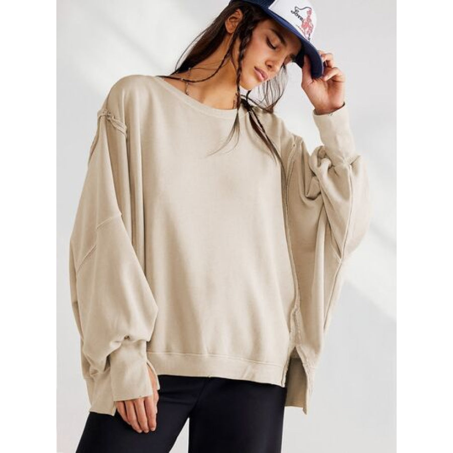 Slit Round Neck Dropped Shoulder T - Shirt Cream / S Apparel and Accessories