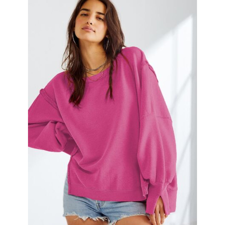 Slit Round Neck Dropped Shoulder T - Shirt Deep Rose / S Apparel and Accessories