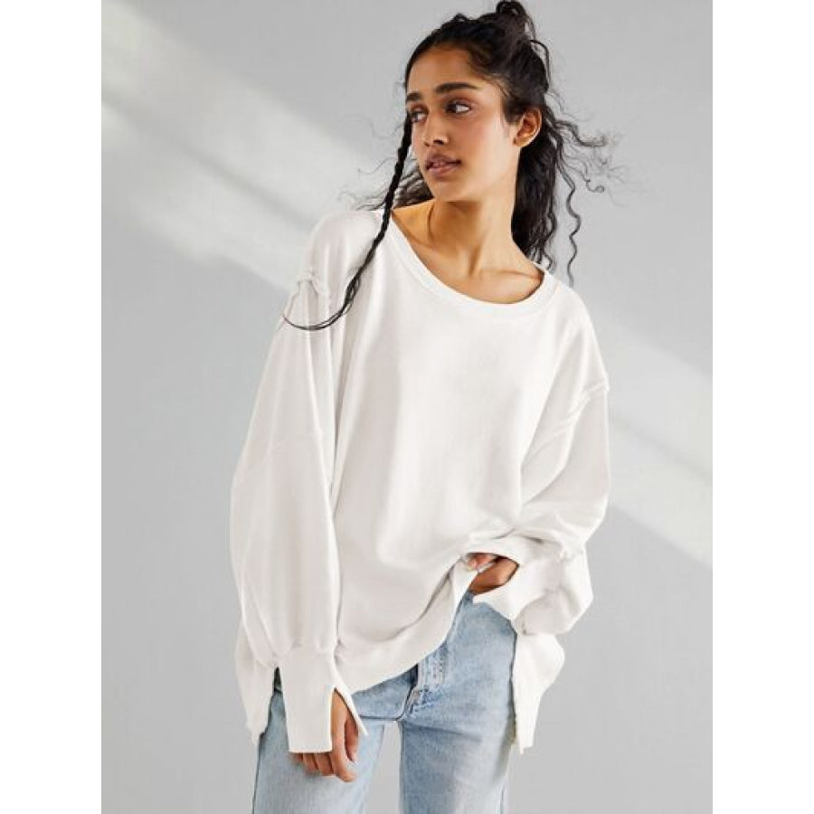 Slit Round Neck Dropped Shoulder T - Shirt White / S Apparel and Accessories