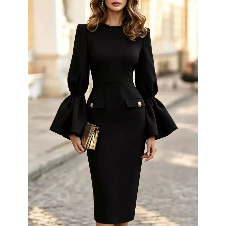 Slit Round Neck Flare Sleeve Dress Black / S Apparel and Accessories