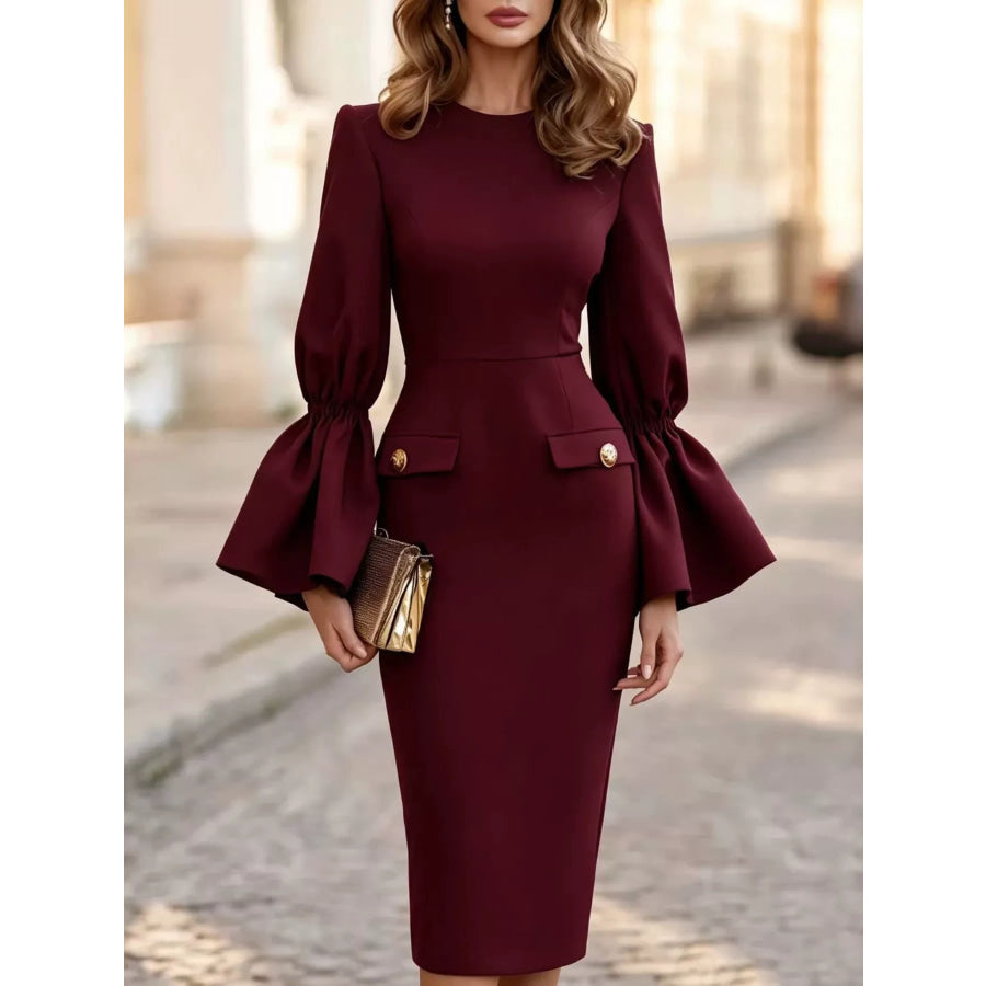 Slit Round Neck Flare Sleeve Dress Burgundy / S Apparel and Accessories