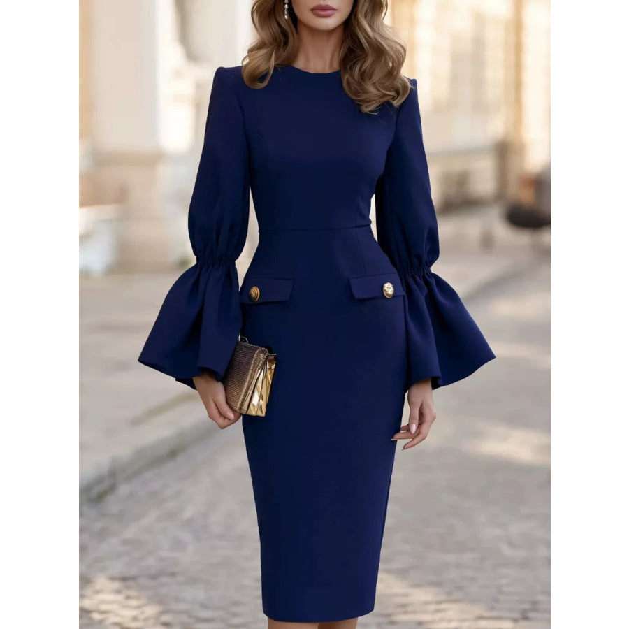 Slit Round Neck Flare Sleeve Dress Navy / S Apparel and Accessories