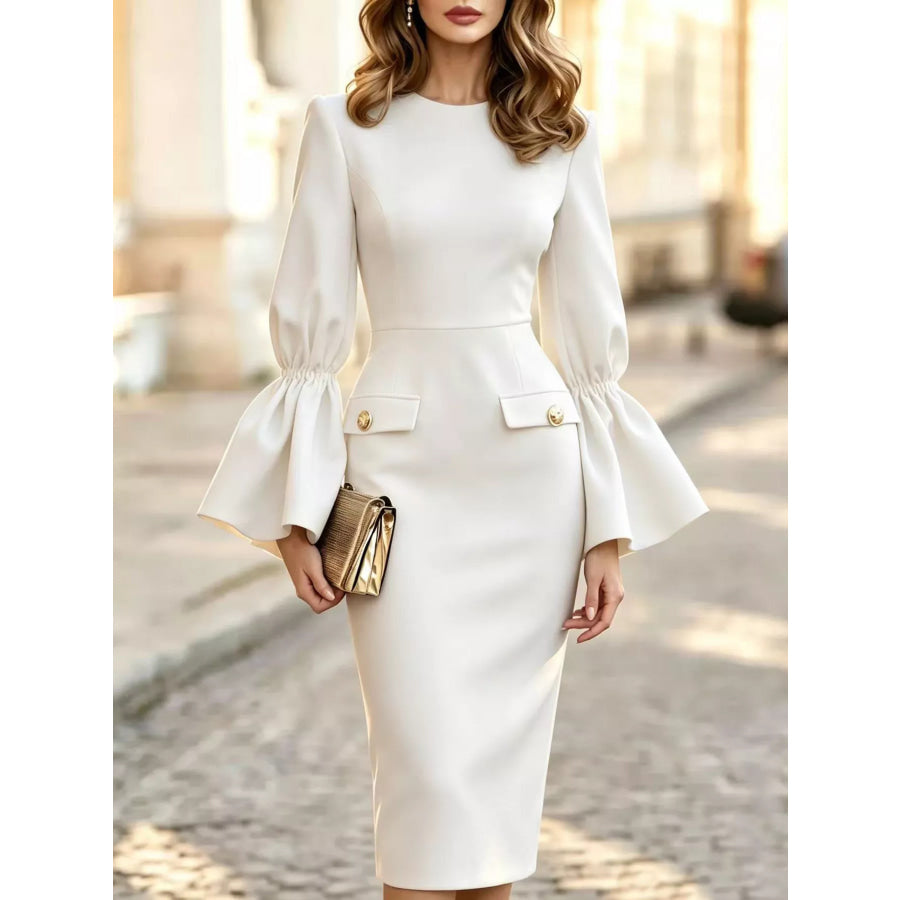 Slit Round Neck Flare Sleeve Dress White / S Apparel and Accessories