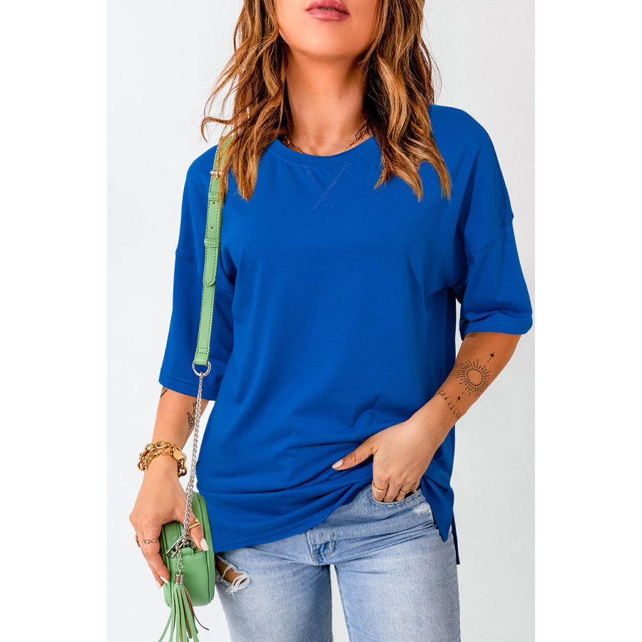 Slit Round Neck Half Sleeve T-Shirt Royal Blue / S Shirts &amp; Tops