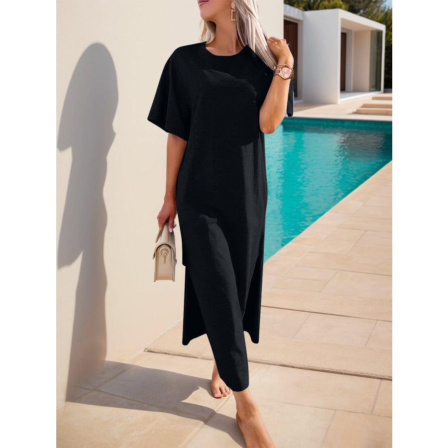 Slit Round Neck Half Sleeve Tee Dress Apparel and Accessories