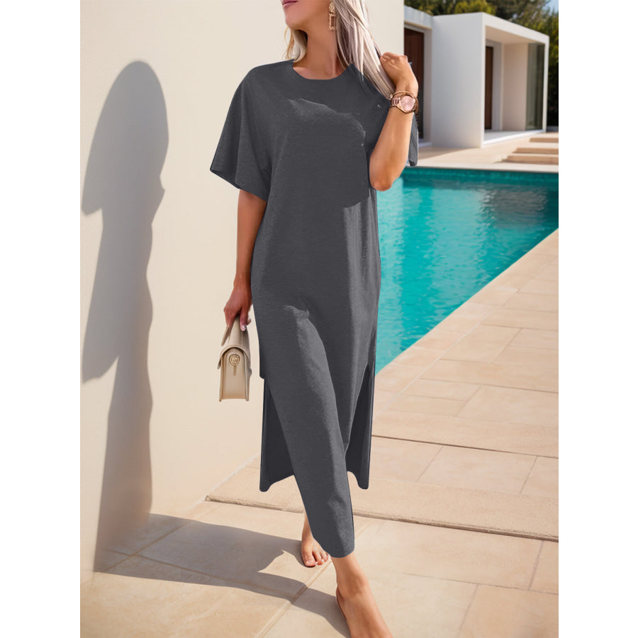 Slit Round Neck Half Sleeve Tee Dress Apparel and Accessories