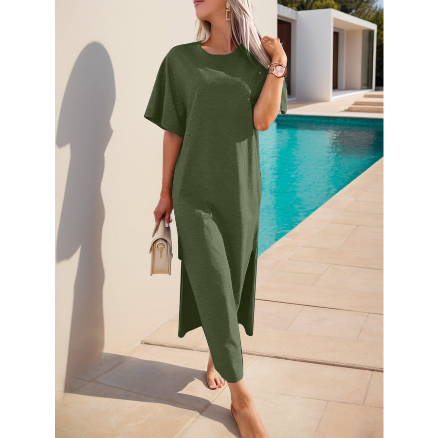 Slit Round Neck Half Sleeve Tee Dress Army Green / S Apparel and Accessories