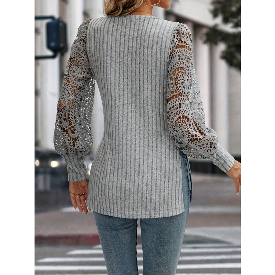 Slit Round Neck Lace Long Sleeve T-Shirt Apparel and Accessories