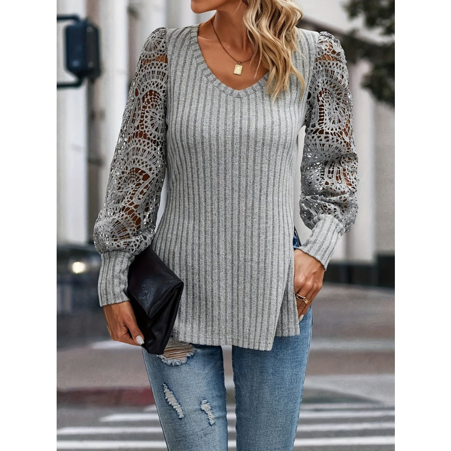 Slit Round Neck Lace Long Sleeve T-Shirt Gray / S Apparel and Accessories