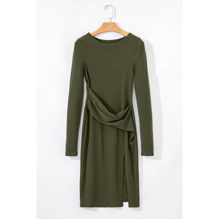 Slit Round Neck Long Sleeve Mini Dress Apparel and Accessories