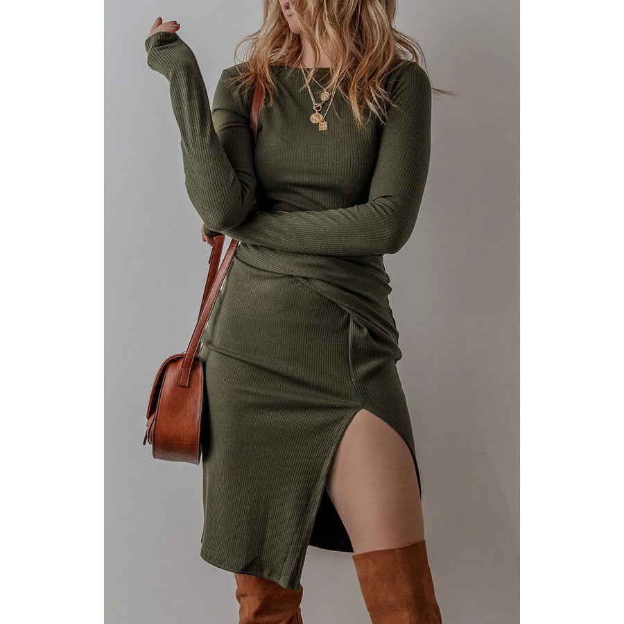 Slit Round Neck Long Sleeve Mini Dress Apparel and Accessories