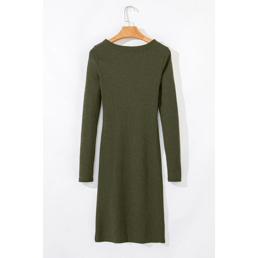 Slit Round Neck Long Sleeve Mini Dress Apparel and Accessories