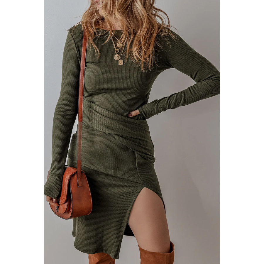 Slit Round Neck Long Sleeve Mini Dress Apparel and Accessories