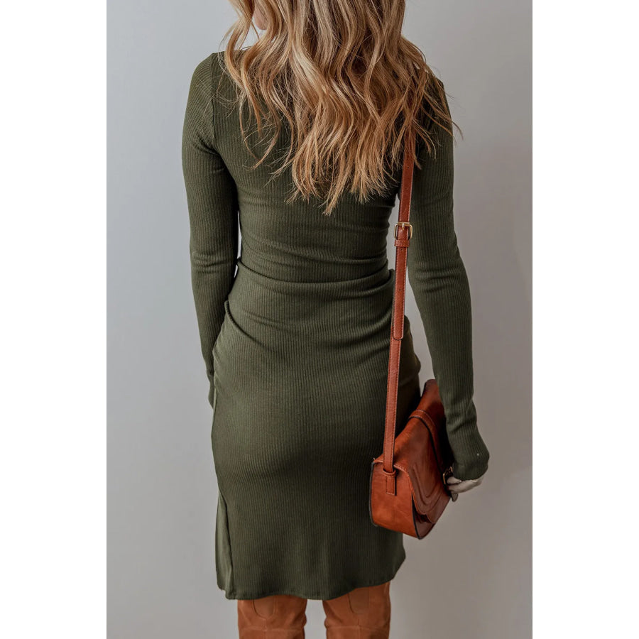 Slit Round Neck Long Sleeve Mini Dress Apparel and Accessories