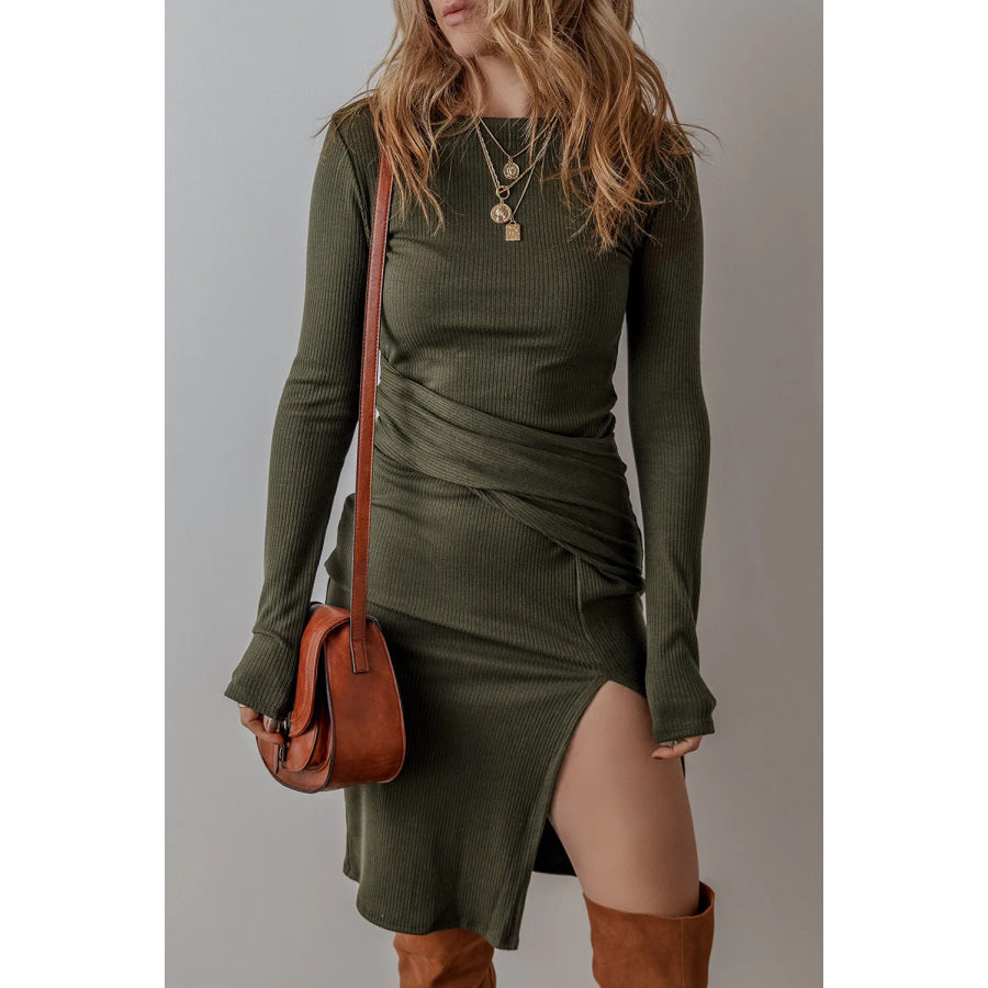 Slit Round Neck Long Sleeve Mini Dress Army Green / S Apparel and Accessories