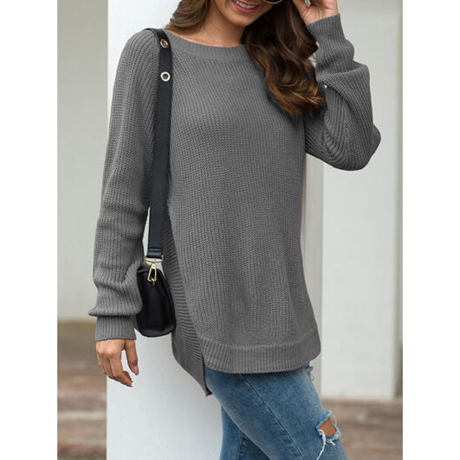 Slit Round Neck Long Sleeve Sweater Apparel and Accessories