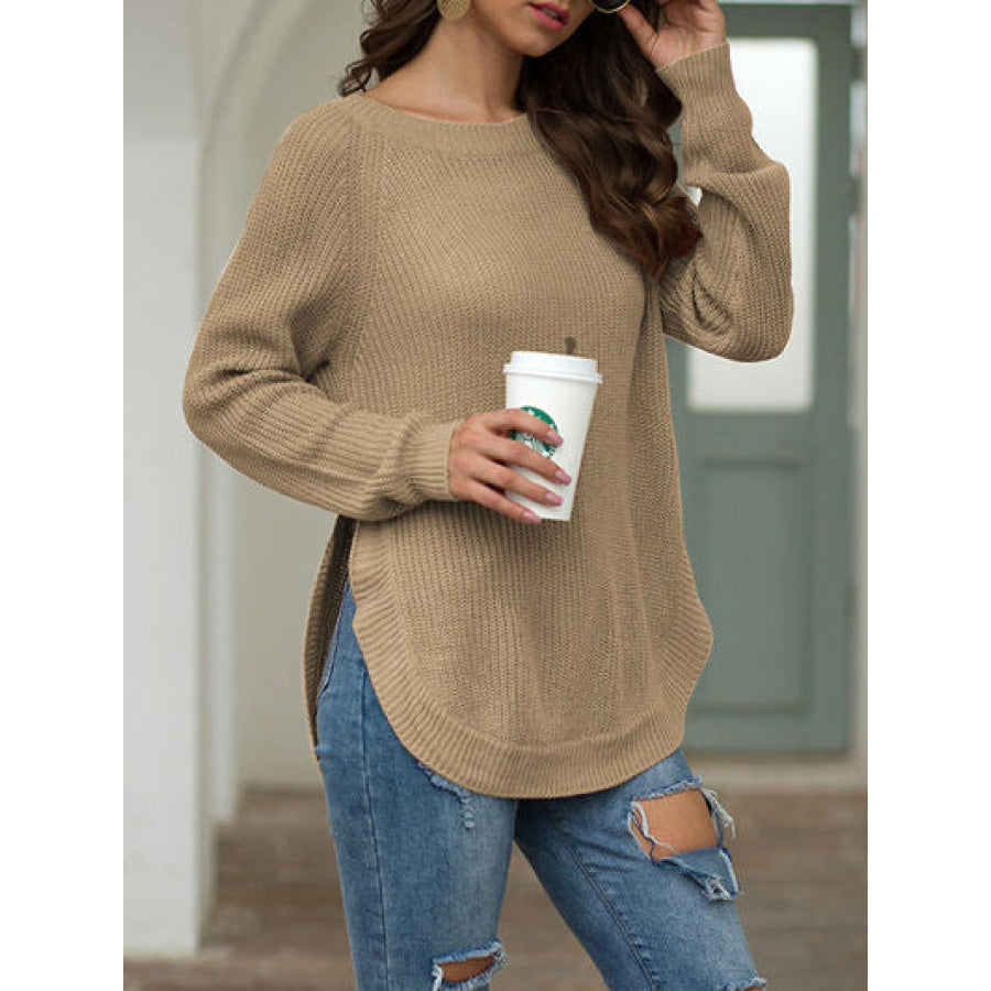 Slit Round Neck Long Sleeve Sweater Apparel and Accessories