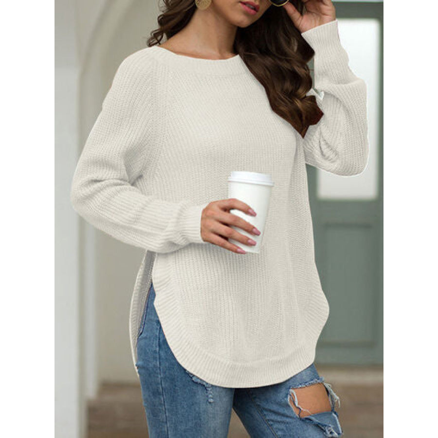 Slit Round Neck Long Sleeve Sweater Apparel and Accessories