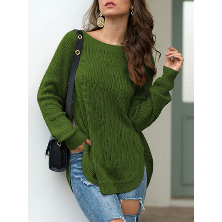 Slit Round Neck Long Sleeve Sweater Apparel and Accessories