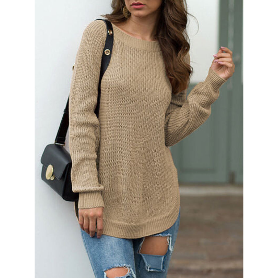 Slit Round Neck Long Sleeve Sweater Apparel and Accessories