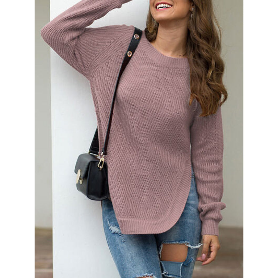 Slit Round Neck Long Sleeve Sweater Apparel and Accessories