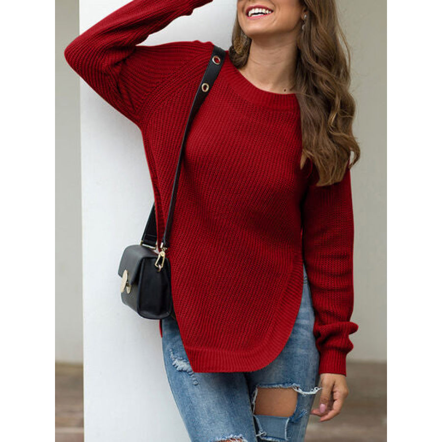 Slit Round Neck Long Sleeve Sweater Apparel and Accessories