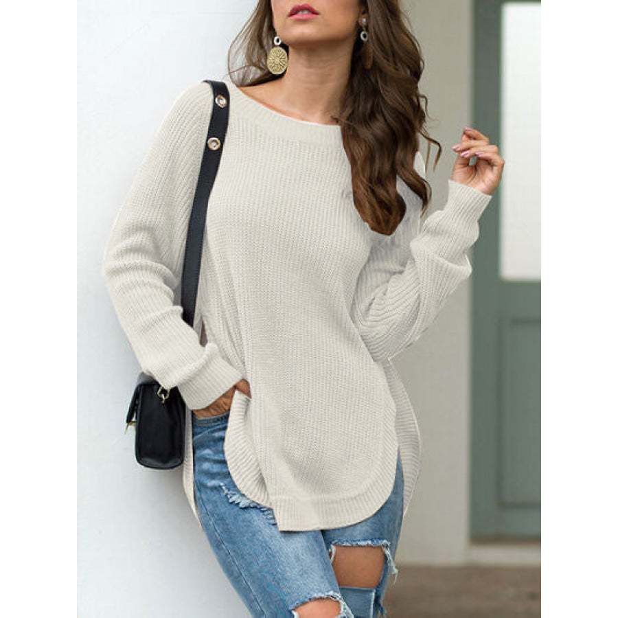 Slit Round Neck Long Sleeve Sweater Apparel and Accessories