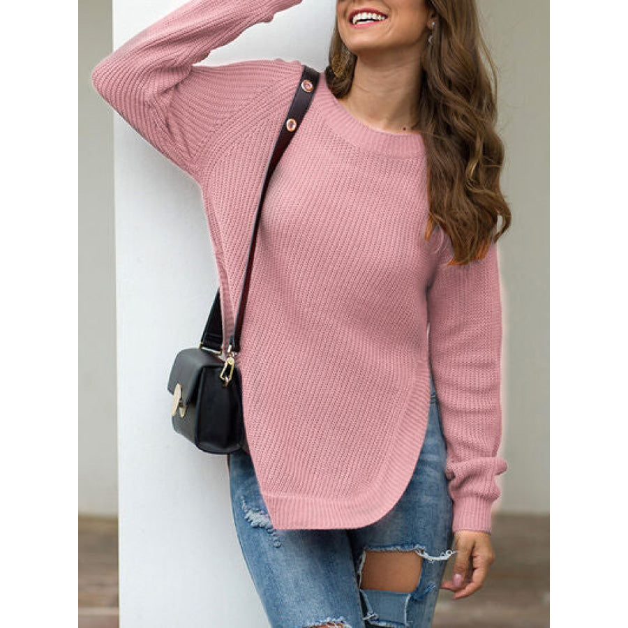 Slit Round Neck Long Sleeve Sweater Apparel and Accessories