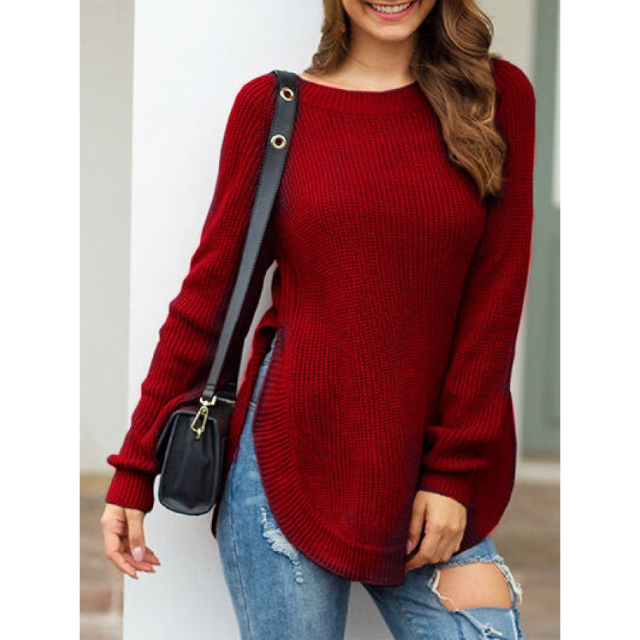 Slit Round Neck Long Sleeve Sweater Deep Red / S Apparel and Accessories