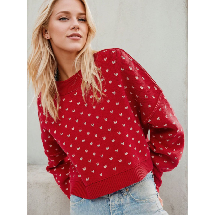 Slit Round Neck Long Sleeve Sweater Deep Red / S Apparel and Accessories