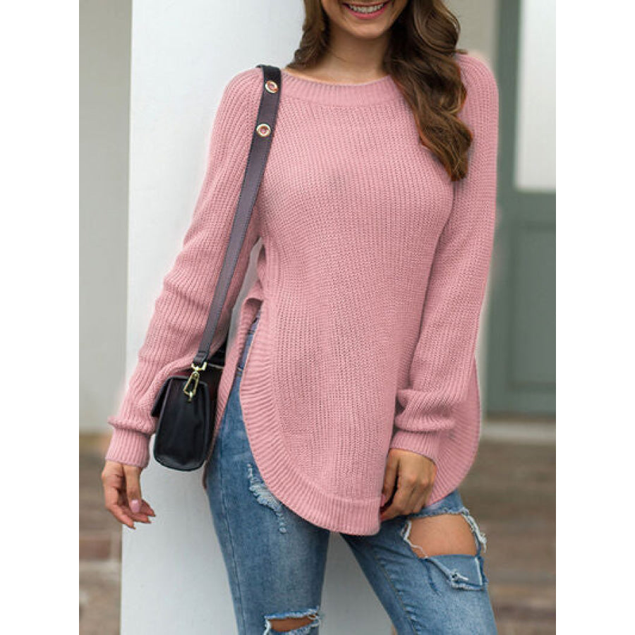 Slit Round Neck Long Sleeve Sweater Dusty Pink / S Apparel and Accessories