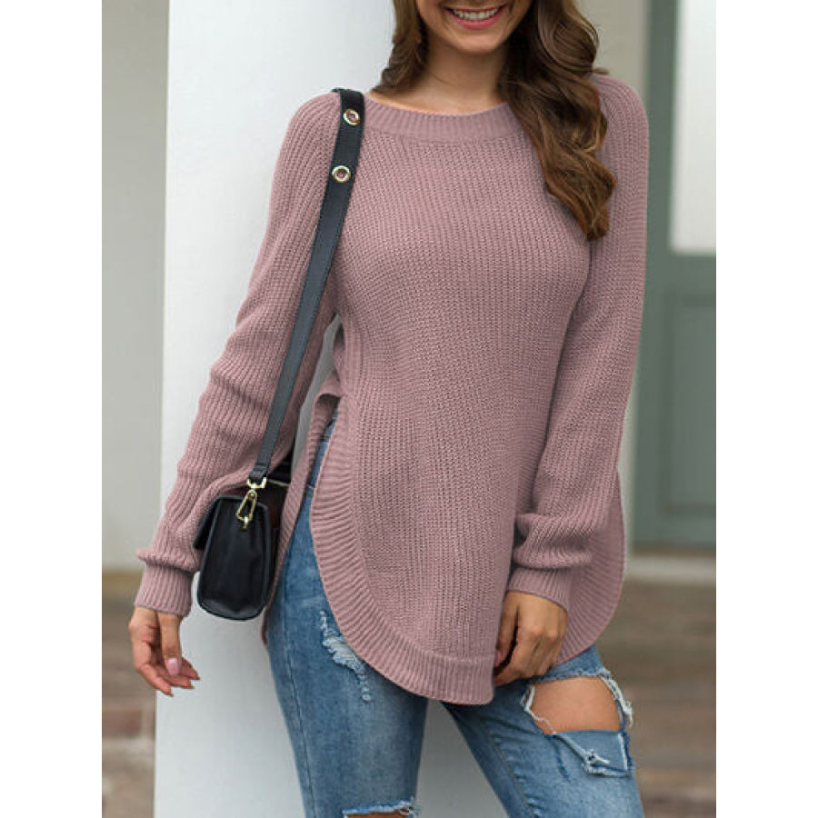 Slit Round Neck Long Sleeve Sweater Moonlit Mauve / S Apparel and Accessories
