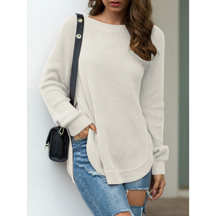 Slit Round Neck Long Sleeve Sweater White / S Apparel and Accessories