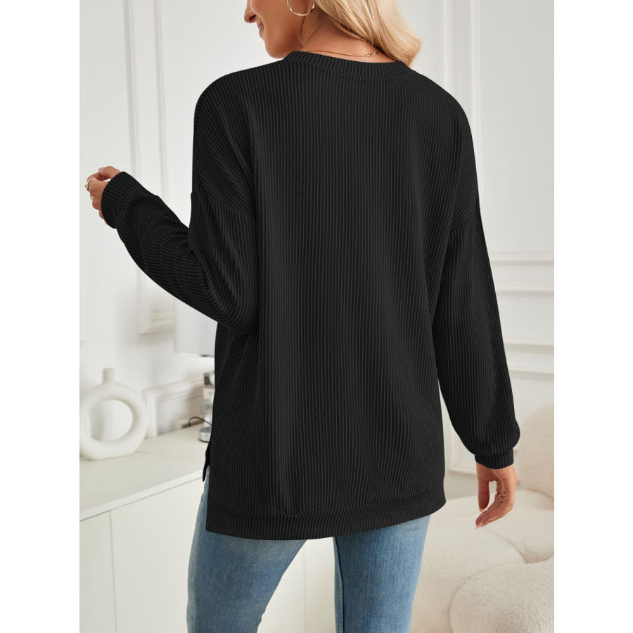 Slit Round Neck Long Sleeve Sweatshirt Apparel and Accessories