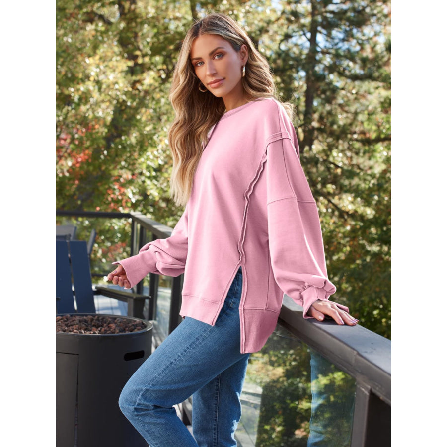 Slit Round Neck Long Sleeve Sweatshirt Apparel and Accessories