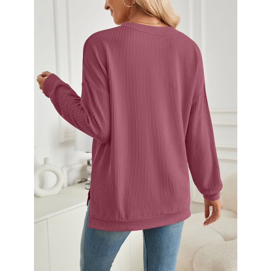 Slit Round Neck Long Sleeve Sweatshirt Apparel and Accessories