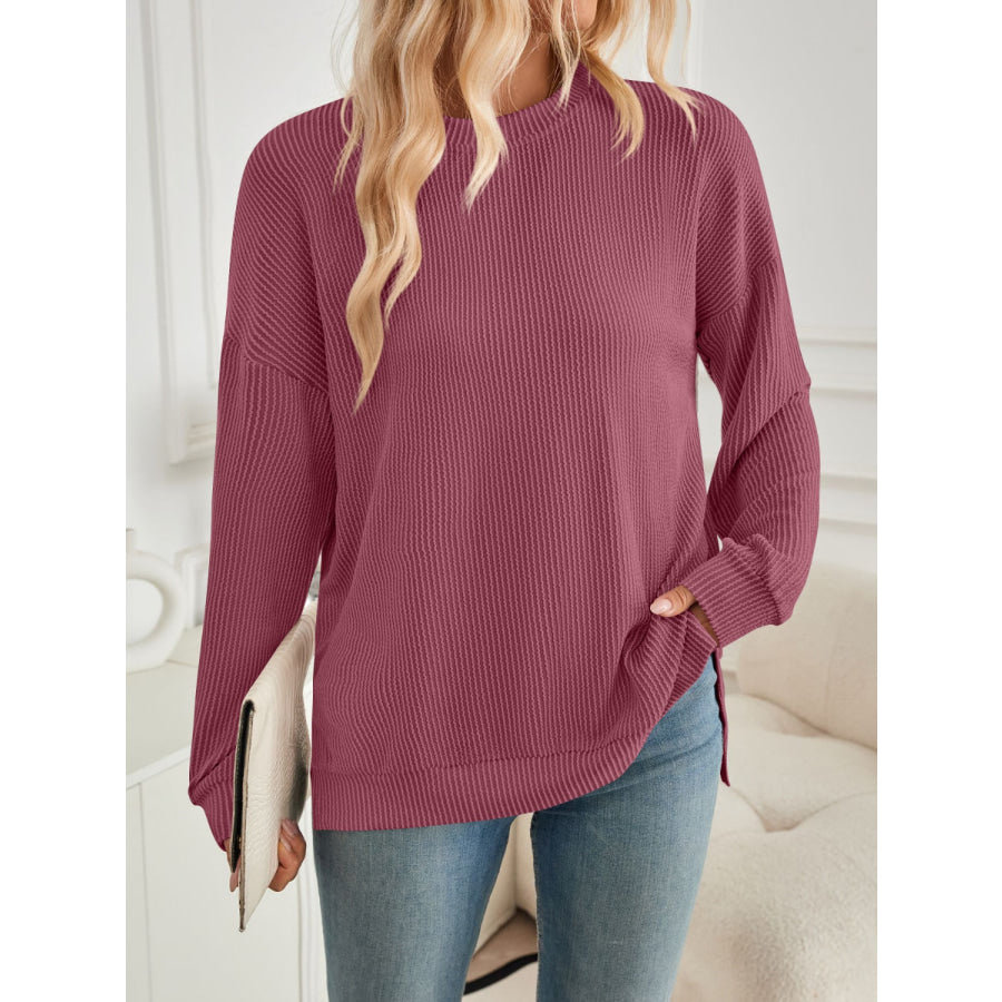 Slit Round Neck Long Sleeve Sweatshirt Apparel and Accessories