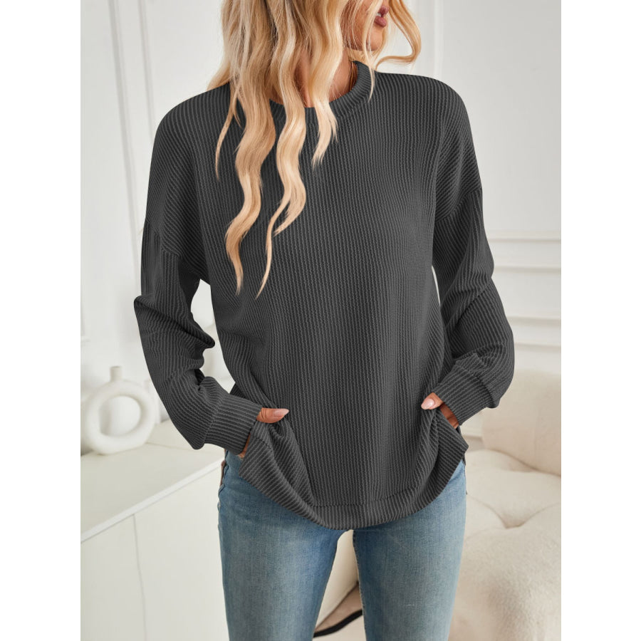 Slit Round Neck Long Sleeve Sweatshirt Apparel and Accessories