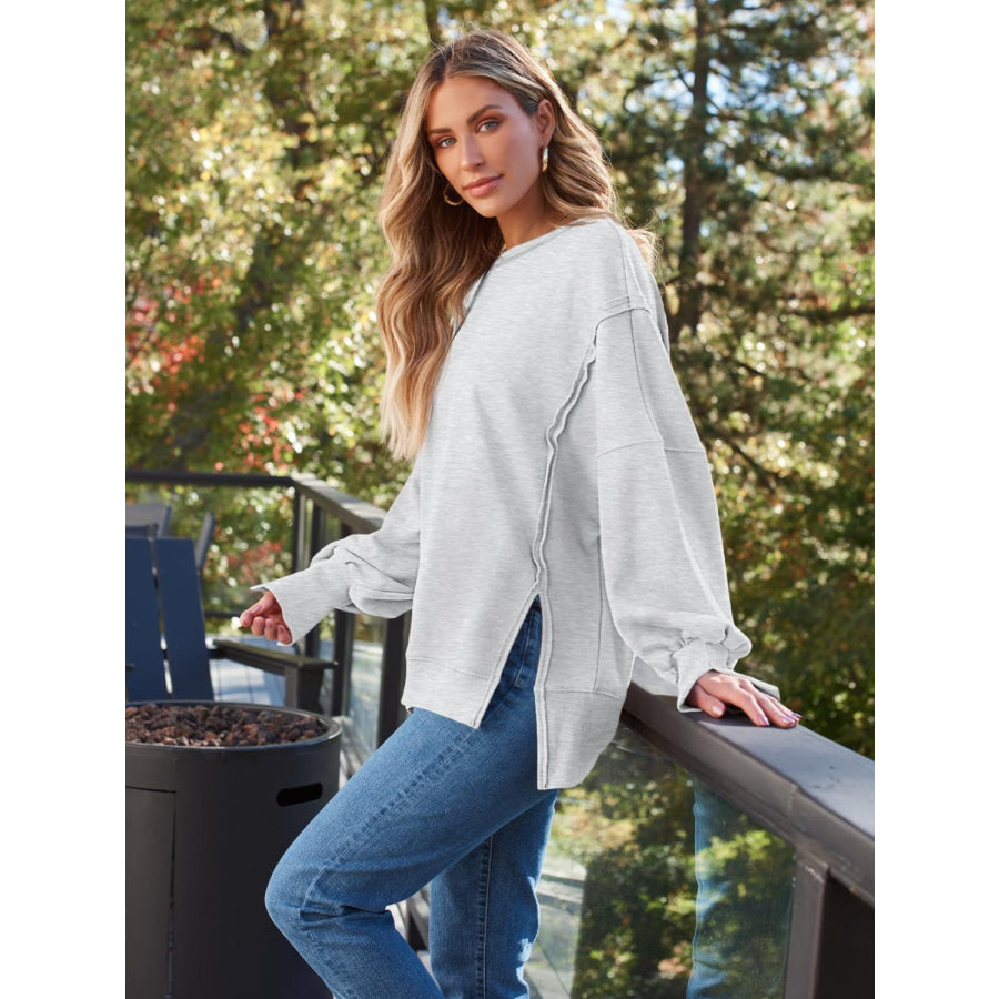 Slit Round Neck Long Sleeve Sweatshirt Apparel and Accessories