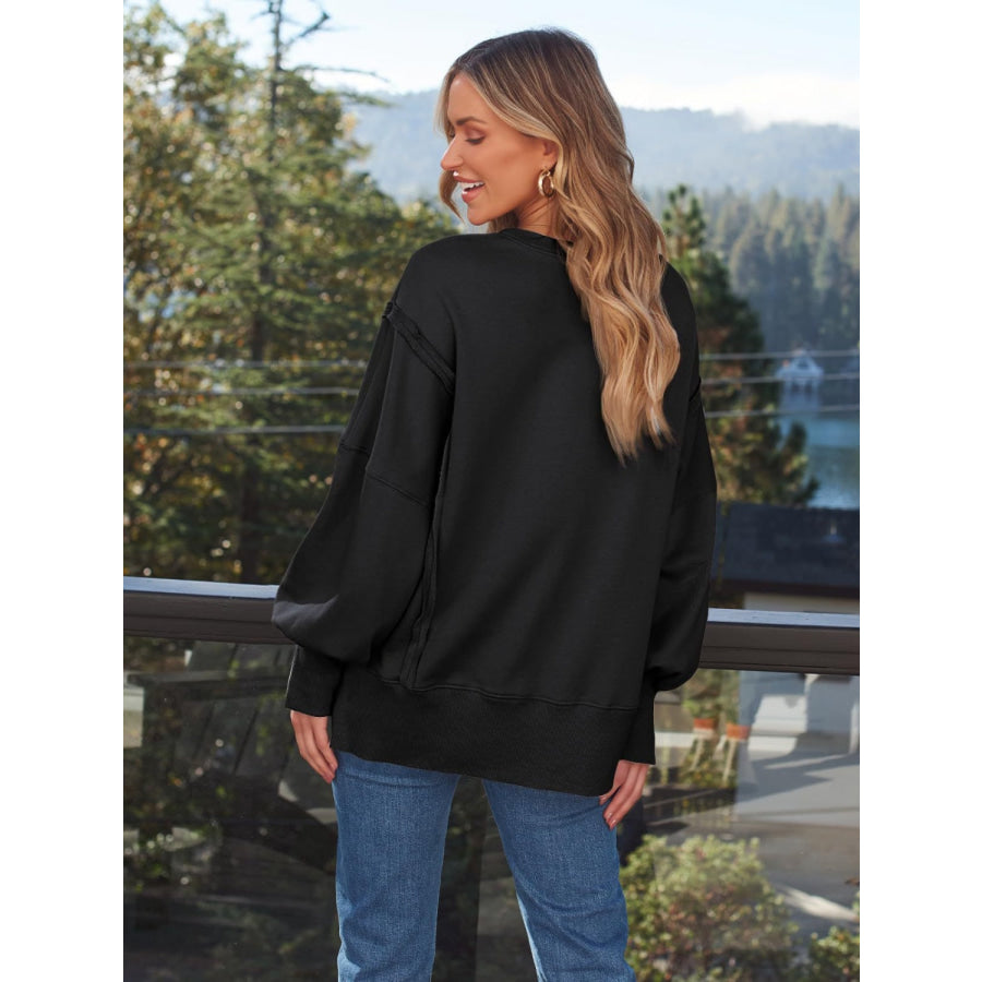 Slit Round Neck Long Sleeve Sweatshirt Apparel and Accessories