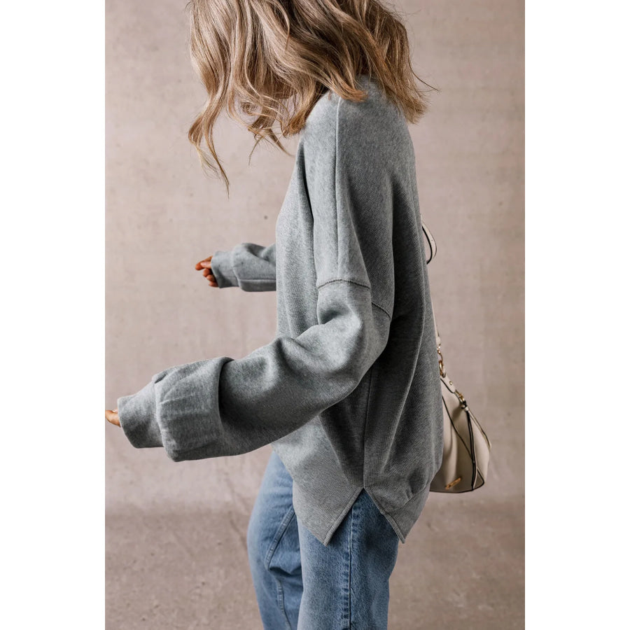 Slit Round Neck Long Sleeve Sweatshirt Apparel and Accessories