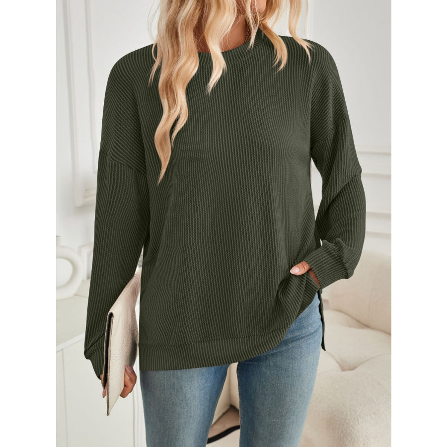 Slit Round Neck Long Sleeve Sweatshirt Apparel and Accessories