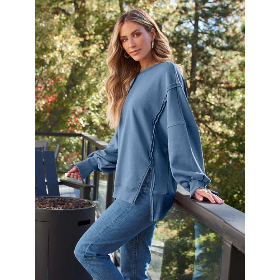 Slit Round Neck Long Sleeve Sweatshirt Apparel and Accessories